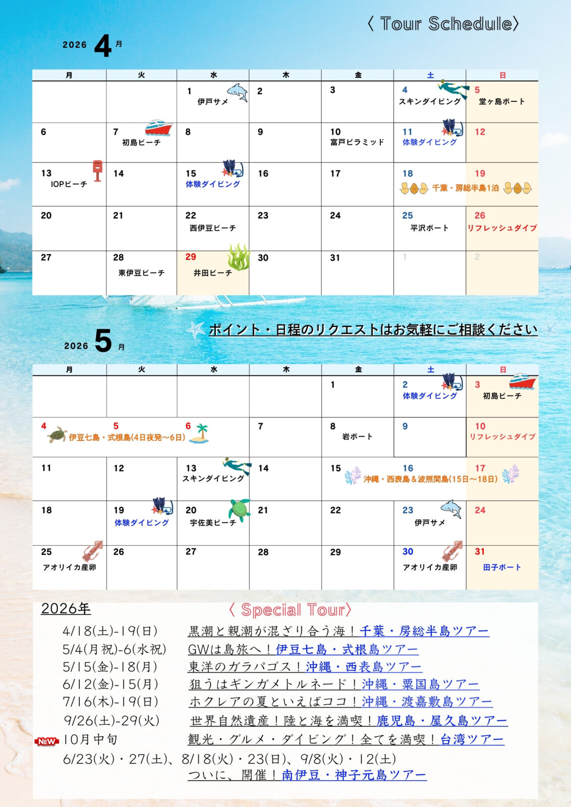 ダイビング,ツアースケジュール