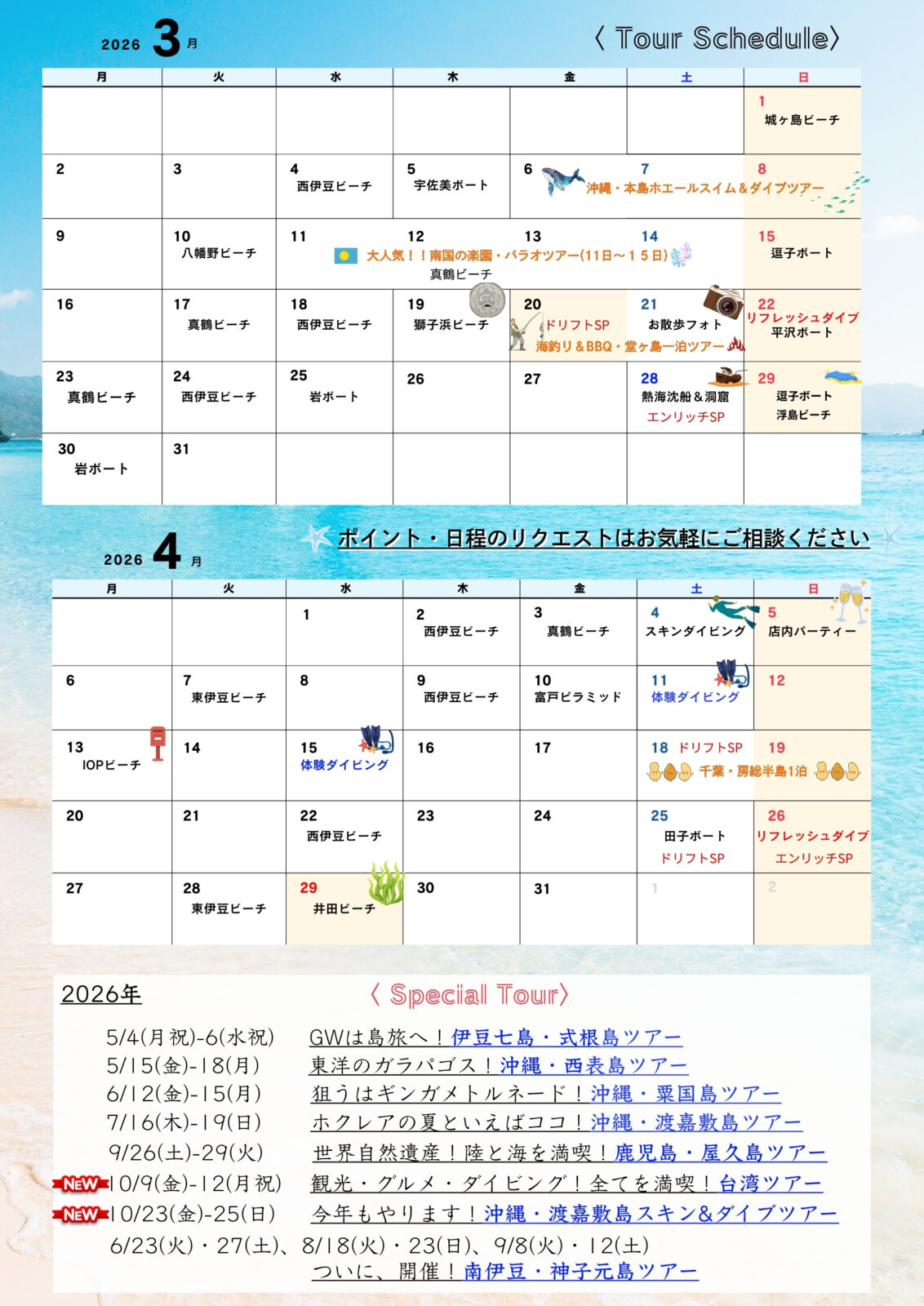 ダイビング,ツアースケジュール